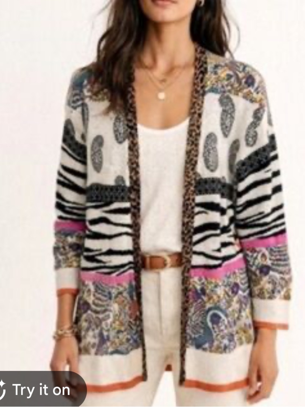 Anthropologie boho lMixed-Print Open Cardigan Sweater in Cream, Black & Pink S